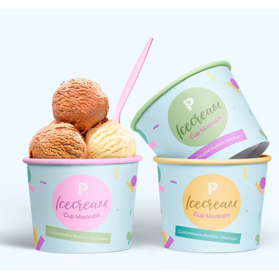 Eco Friendly Biodegrada PE Coating Disposable Frozen Yogurt Paper Ice Cream Cup Bowl with Plastic Paper Lid Free Sample